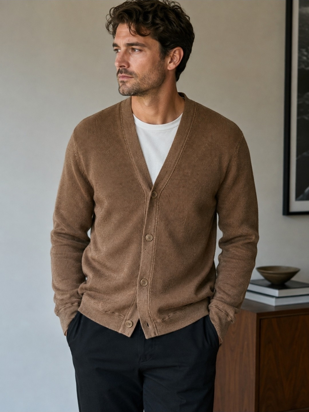 Theory Men's Brown Button-Up V-Neck Cardigan